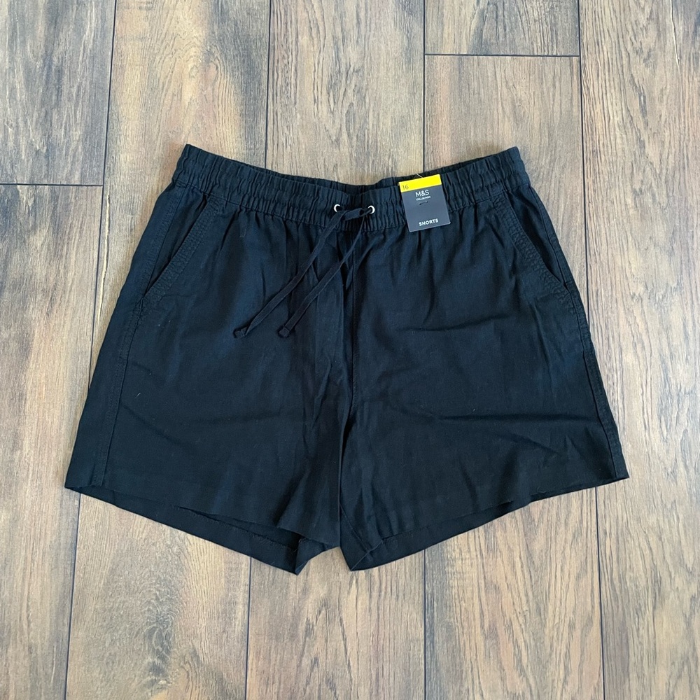 M&S Black Drawstring Shorts Linen